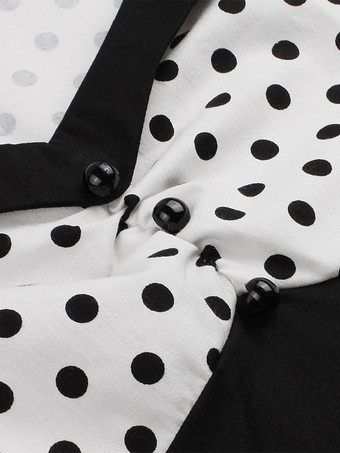 Abito midi vintage a pois patchwork da donna con risvolto maniche corte linea ad A giallo e nero