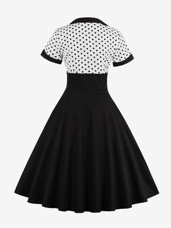 Abito midi vintage a pois patchwork da donna con risvolto maniche corte linea ad A giallo e nero