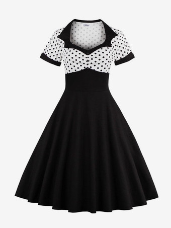 Nero Abito midi vintage a pois patchwork da donna con risvolto maniche corte linea ad A giallo e nero