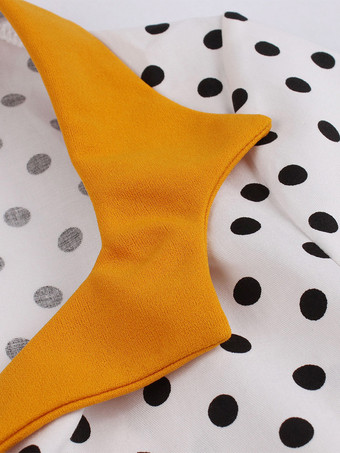 Abito midi vintage a pois patchwork da donna con risvolto maniche corte linea ad A giallo e nero