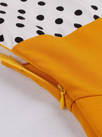 Abito midi vintage a pois patchwork da donna con risvolto maniche corte linea ad A giallo e nero
