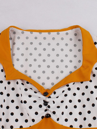 Abito midi vintage a pois patchwork da donna con risvolto maniche corte linea ad A giallo e nero