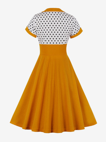 Abito midi vintage a pois patchwork da donna con risvolto maniche corte linea ad A giallo e nero