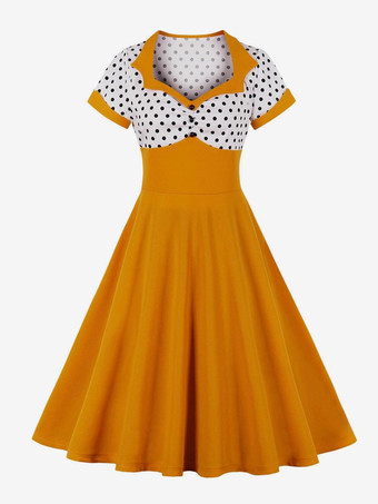 GialloAbito midi vintage a pois patchwork da donna con risvolto maniche corte linea ad A giallo e nero