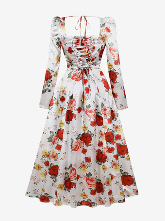 Vintage Maxikleid mit Blumenmuster für Damen eckiger Ausschnitt Puffärmel lange Ärmel Schnürung am Rücken A-Linie