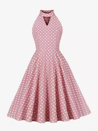 halter dress retro Vintage Polka Dot Sleeveless Hollow Neck Design High Waist Flared Midi Swing Dress maxi-dress