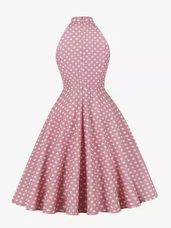 vintage polka dot halter dress Sleeveless Hollow Neck Design Retro High Waist Flared Midi Swing Dress Thread Work