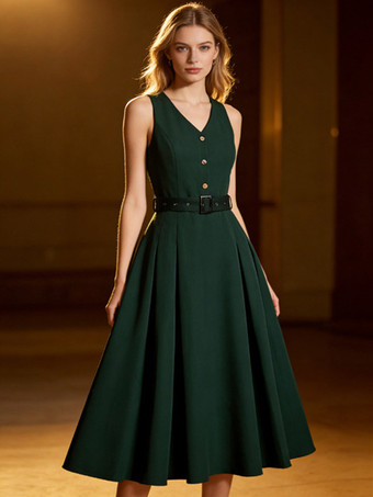 DunkelgrünVintage ärmelloses Kleid mit V-Ausschnitt Knopfleiste vorne verstellbarem Taillengürtel einfarbig Retro-Midikleid