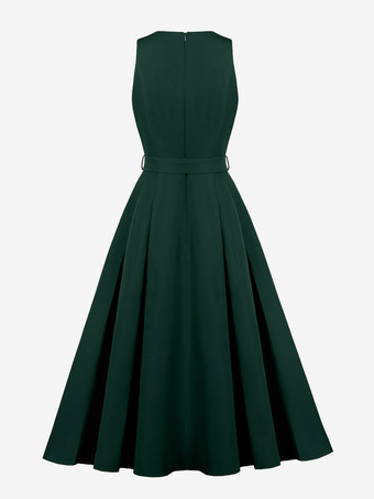 Vintage ärmelloses Kleid mit V-Ausschnitt Knopfleiste vorne verstellbarem Taillengürtel einfarbig Retro-Midikleid