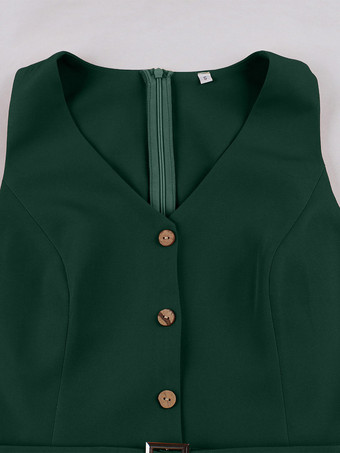 Vintage ärmelloses Kleid mit V-Ausschnitt Knopfleiste vorne verstellbarem Taillengürtel einfarbig Retro-Midikleid