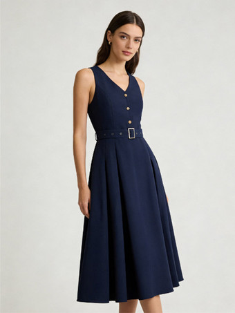 DunkelmarineblauVintage ärmelloses Kleid mit V-Ausschnitt Knopfleiste vorne verstellbarem Taillengürtel einfarbig Retro-Midikleid