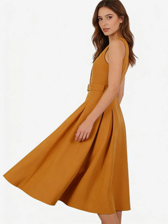 Vintage ärmelloses Kleid mit V-Ausschnitt Knopfleiste vorne verstellbarem Taillengürtel einfarbig Retro-Midikleid