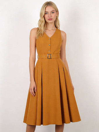 GelbVintage ärmelloses Kleid mit V-Ausschnitt Knopfleiste vorne verstellbarem Taillengürtel einfarbig Retro-Midikleid