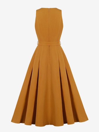 Vintage ärmelloses Kleid mit V-Ausschnitt Knopfleiste vorne verstellbarem Taillengürtel einfarbig Retro-Midikleid