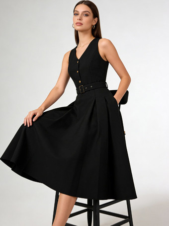 SchwarzVintage ärmelloses Kleid mit V-Ausschnitt Knopfleiste vorne verstellbarem Taillengürtel einfarbig Retro-Midikleid