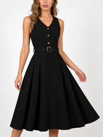 Vintage ärmelloses Kleid mit V-Ausschnitt Knopfleiste vorne verstellbarem Taillengürtel einfarbig Retro-Midikleid