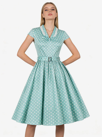 Hellgrün Vintage-Kleid mit Polka-Dots kurzen Ärmeln Spitzenkragen Ziergürtel und Retro-Midi-Schnitt