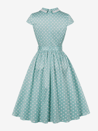 Vintage-Kleid mit Polka-Dots kurzen Ärmeln Spitzenkragen Ziergürtel und Retro-Midi-Schnitt