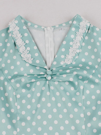 Vintage-Kleid mit Polka-Dots kurzen Ärmeln Spitzenkragen Ziergürtel und Retro-Midi-Schnitt