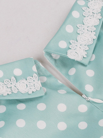 Vintage-Kleid mit Polka-Dots kurzen Ärmeln Spitzenkragen Ziergürtel und Retro-Midi-Schnitt
