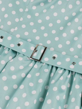 Vintage-Kleid mit Polka-Dots kurzen Ärmeln Spitzenkragen Ziergürtel und Retro-Midi-Schnitt