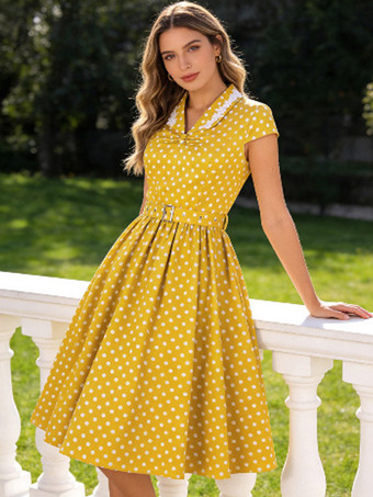 GelbVintage-Kleid mit Polka-Dots kurzen Ärmeln Spitzenkragen Ziergürtel und Retro-Midi-Schnitt