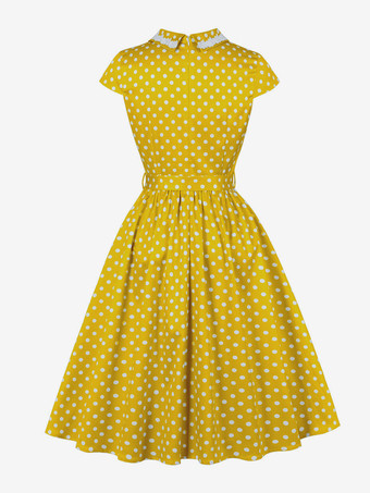 Vintage-Kleid mit Polka-Dots kurzen Ärmeln Spitzenkragen Ziergürtel und Retro-Midi-Schnitt