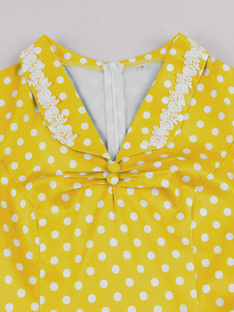 Vintage-Kleid mit Polka-Dots kurzen Ärmeln Spitzenkragen Ziergürtel und Retro-Midi-Schnitt