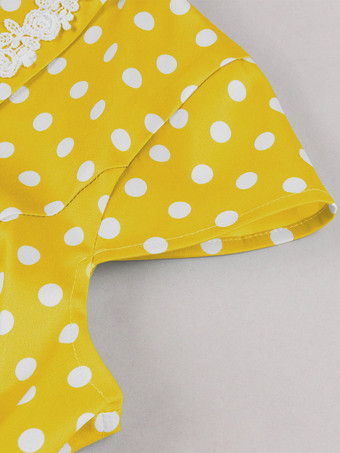 Vintage-Kleid mit Polka-Dots kurzen Ärmeln Spitzenkragen Ziergürtel und Retro-Midi-Schnitt