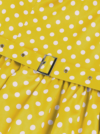 Vintage-Kleid mit Polka-Dots kurzen Ärmeln Spitzenkragen Ziergürtel und Retro-Midi-Schnitt