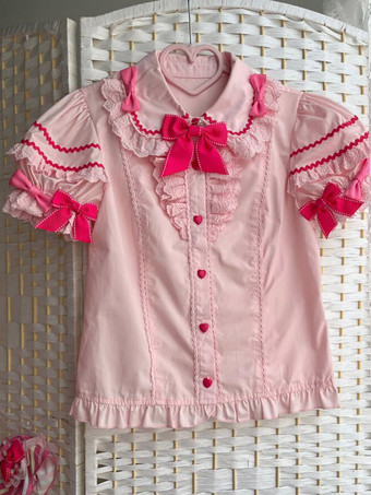 Chemisier rose Sweet Lolita à manches courtes col à volants et nœud décoratif poignets à volants