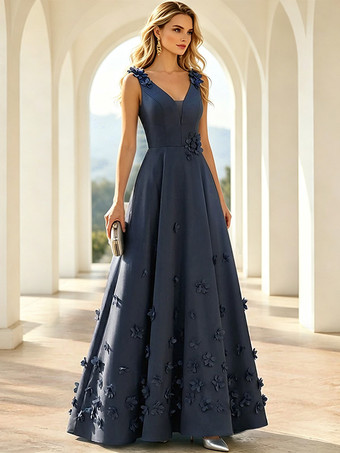 DunkelmarineblauBrautmutterkleid ärmellos A-Linie Blumenmuster bodenlang Hochzeitsgastkleider