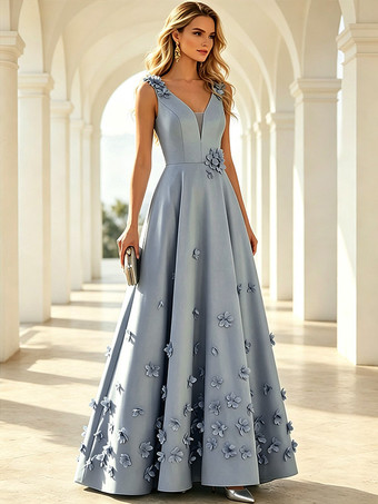 Graublau Brautmutterkleid ärmellos A-Linie Blumenmuster bodenlang Hochzeitsgastkleider
