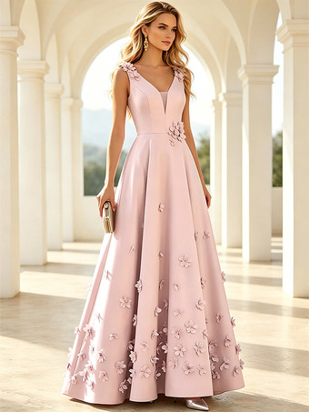 Hellrosa Brautmutterkleid ärmellos A-Linie Blumenmuster bodenlang Hochzeitsgastkleider