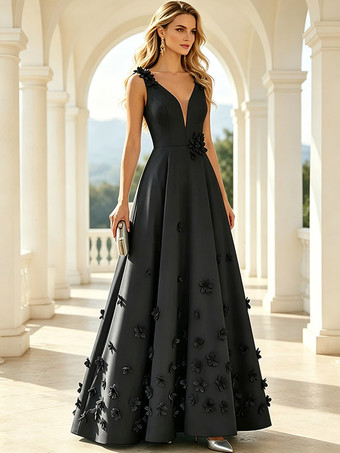 SchwarzBrautmutterkleid ärmellos A-Linie Blumenmuster bodenlang Hochzeitsgastkleider