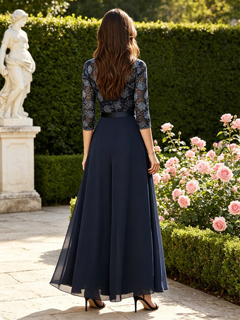 Festliches Kleid für die Mutter der Braut Jumpsuit mit Rundhalsausschnitt und 3/4-Ärmeln Spitze Hochzeitsgastkleider