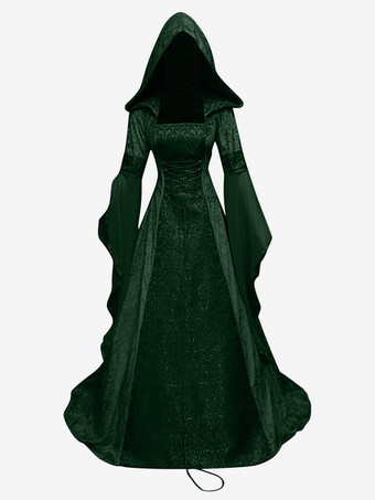ダークグリーンルネッサンス ゴシック ヴァンパイア ヴィンテージ 刺繍入りガウン ドレス ハロウィン 中世風 デラックス 魔女 フード付きコスチューム