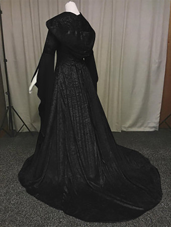 ブラック ルネッサンス ゴシック ヴァンパイア ヴィンテージ 刺繍入りガウン ドレス ハロウィン 中世風 デラックス 魔女 フード付きコスチューム