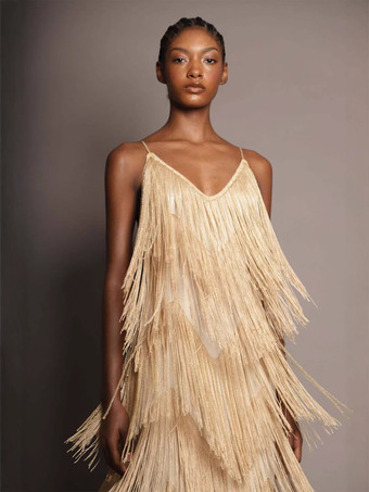 Robe de soirée maxi dorée à col V sans manches épaules dénudées robe d'été sexy et semi-formelle