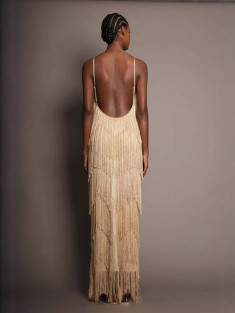 Robe de soirée maxi dorée à col V sans manches épaules dénudées robe d'été sexy et semi-formelle