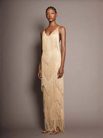 or Robe de soirée maxi dorée à col V sans manches épaules dénudées robe d'été sexy et semi-formelle