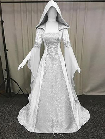 ホワイト ルネッサンス ゴシック ヴァンパイア ヴィンテージ 刺繍入りガウン ドレス ハロウィン 中世風 デラックス 魔女 フード付きコスチューム