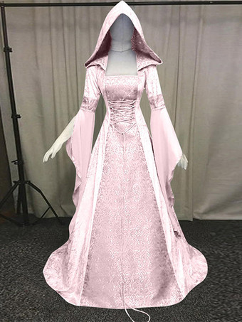 ピンクルネッサンス ゴシック ヴァンパイア ヴィンテージ 刺繍入りガウン ドレス ハロウィン 中世風 デラックス 魔女 フード付きコスチューム
