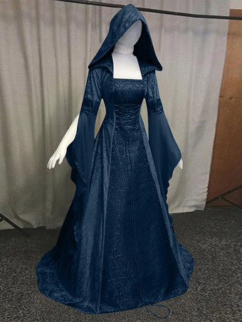 ブルー ルネッサンス ゴシック ヴァンパイア ヴィンテージ 刺繍入りガウン ドレス ハロウィン 中世風 デラックス 魔女 フード付きコスチューム