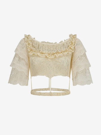 Chemisier Lolita vintage en dentelle épaules dénudées court col à volants manches évasées superposées taille ajourée chemise Lolita