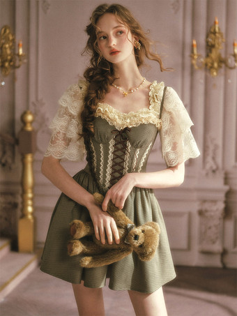 Robe Fairy Lolita vintage corset à bretelles spaghetti dentelle sur le devant coupe trapèze robe courte grise et verte