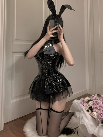 黒のパテントレザーホルターネックコルセットドレスメッシュスカートゴシックデビルバニーコスプレ衣装