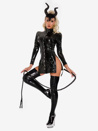 光沢のあるパテントレザーの長袖ミニドレス、サイドスリット、悪魔の角付き、ハロウィンコスプレクラブコスチューム
