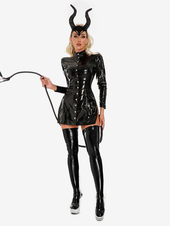 光沢のあるパテントレザーの長袖ミニドレス、サイドスリット、悪魔の角付き、ハロウィンコスプレクラブコスチューム