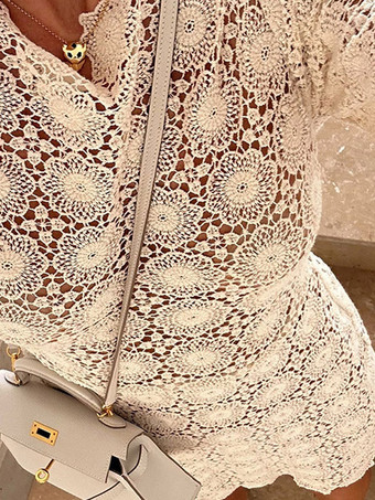 バケーションドレス バックレス レース ミニドレス レディース ロング フレア スリーブ タイバック くり抜き クロシェ ビーチカバーアップ ショートドレス